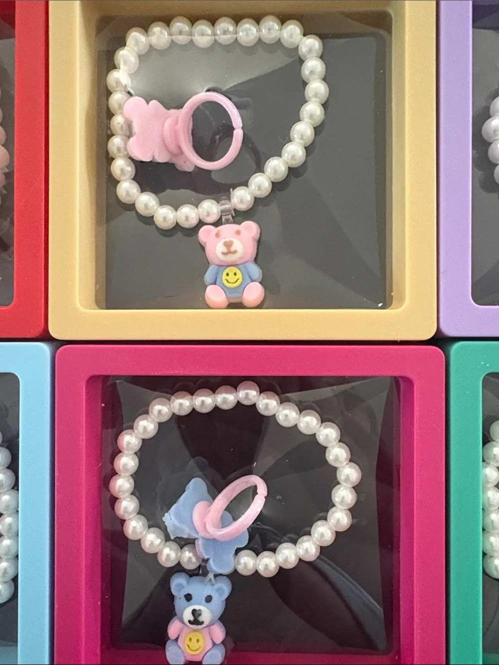 Kids Pearl Bead Teddy Bracelet and Ring Set - Set Of 6